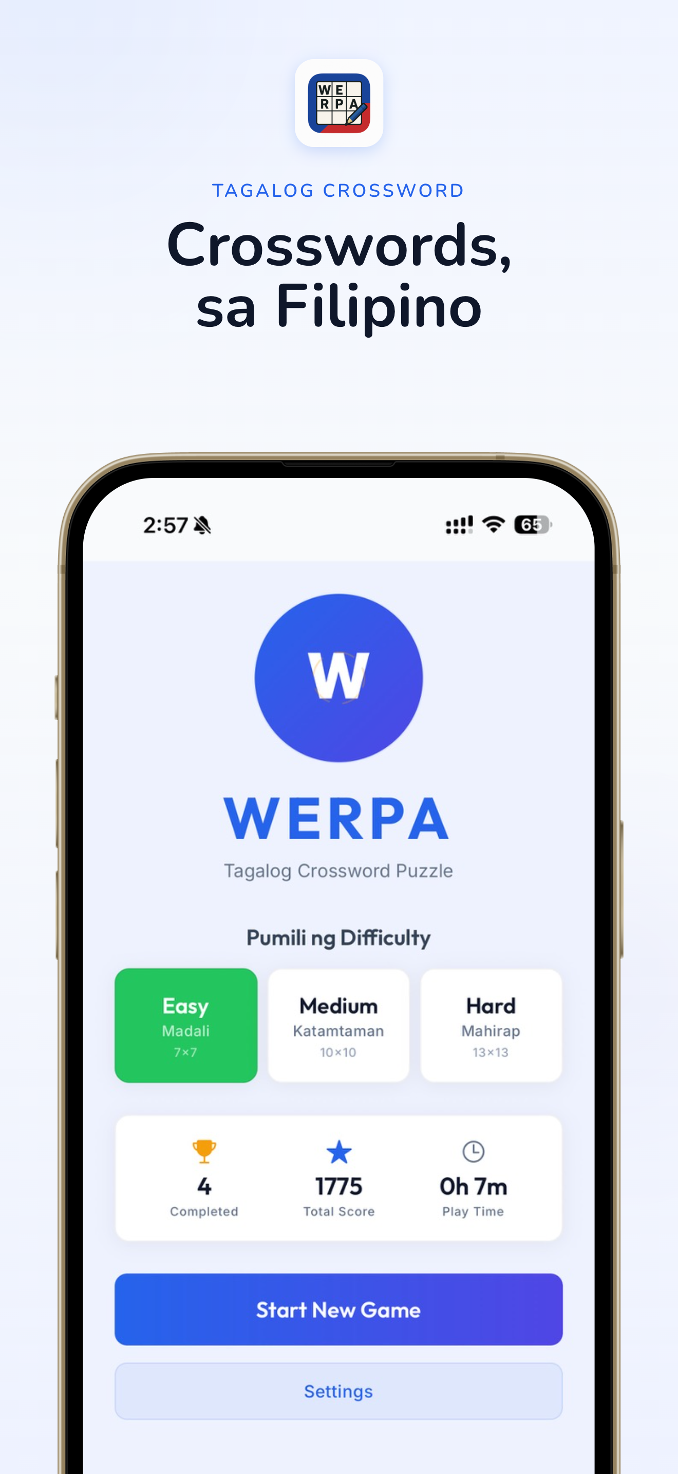 Werpa crossword puzzle game screenshot showing the main game screen