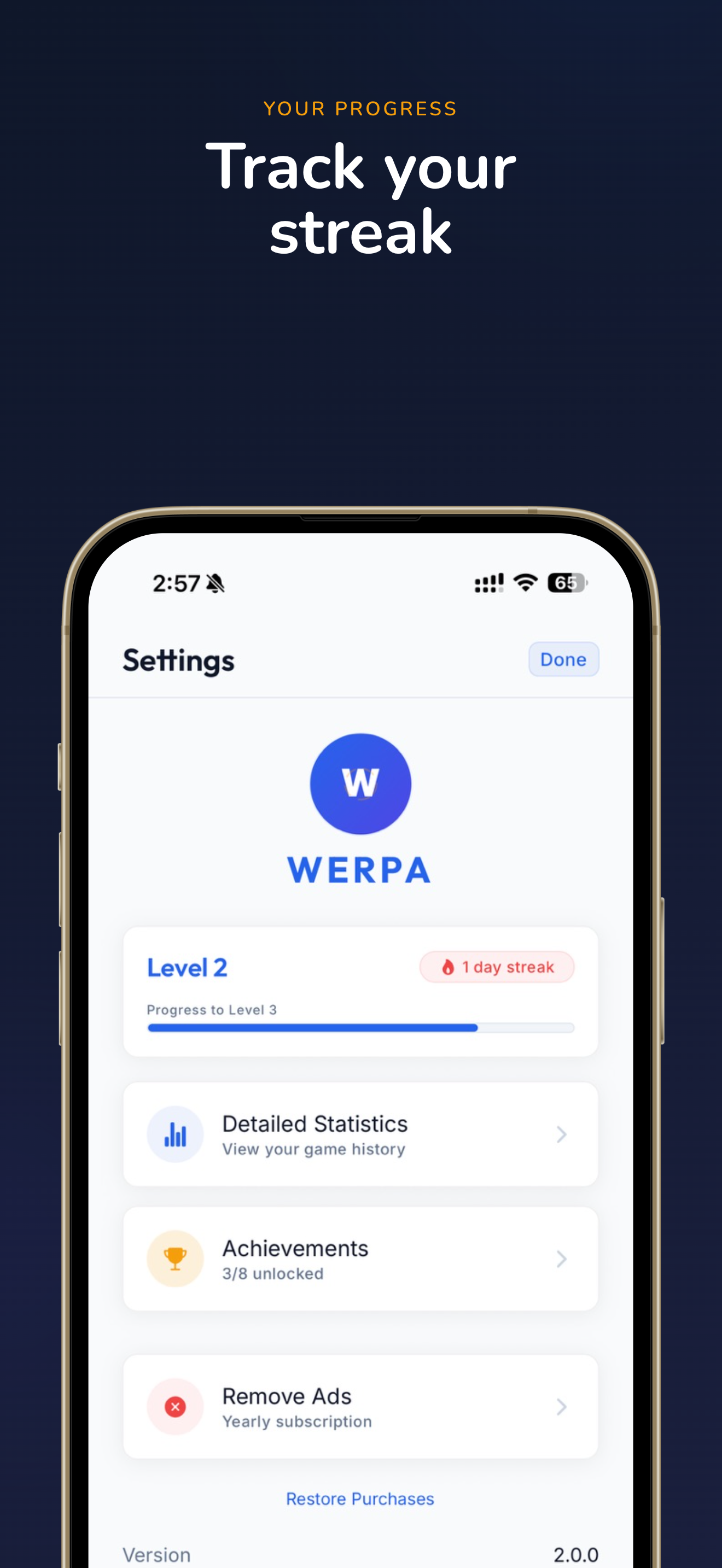 Werpa progress tracking screen showing scores and achievements